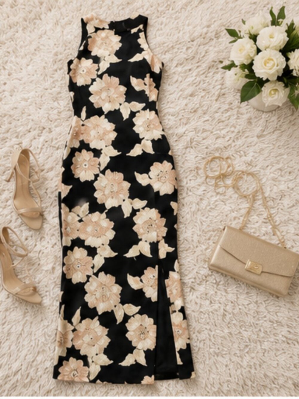 Betsy & Adam Floral Soutache Embroidered Maxi Gown Black Champagne Size 4 NWT